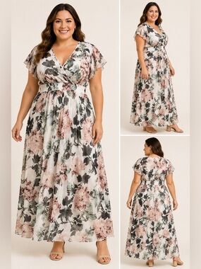 Alexa B Nites Floral Chiffon Maxi Dress Size 14W Wrap V Neck Flutter Sleeve